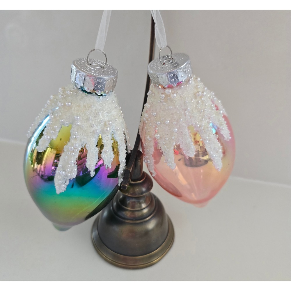 Set of 2 Gerson and‎ Co Iridescent Glass Teardrop Christmas Ornaments New